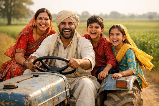 Happy Indian farmer family on tractor, cheerful rural family in agricultural field, smiling parents and children on farm vehicle at sunset