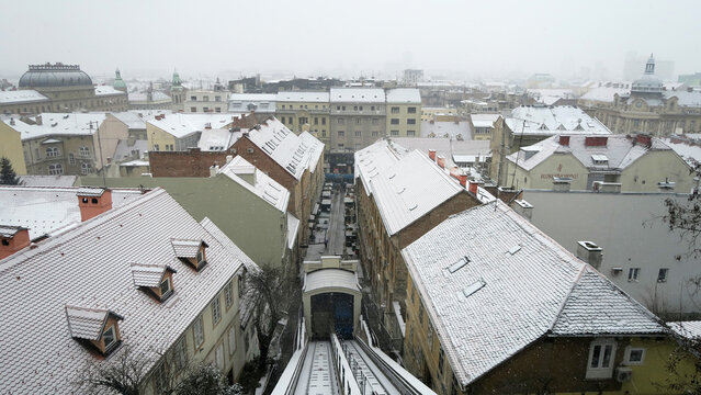 Landscape view of city Zagreb, Croatia on a snowy day