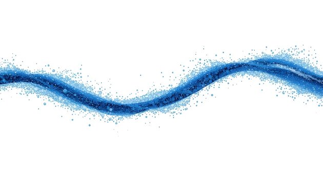 A vibrant blue wave of sparkling particles flows across a clean white background