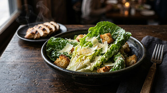 Caesar salad in a rustic black bowl with parmesan, croutons, and grilled chicken in the background