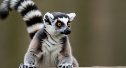 Fototapeta premium Ring tailed lemur portrait with striking black and white striped tail detail