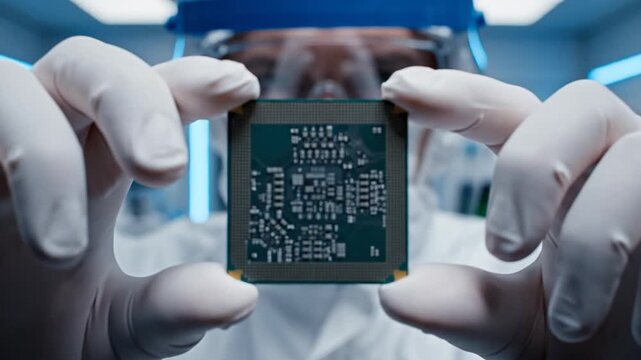 Professional Scientist in Cleanroom Suit Holding and Inspecting High Tech Computer Microchip Close Up