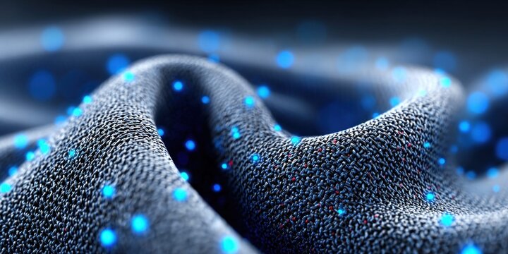 Abstract macro view of textured fabric with glowing blue particles and soft bokeh background