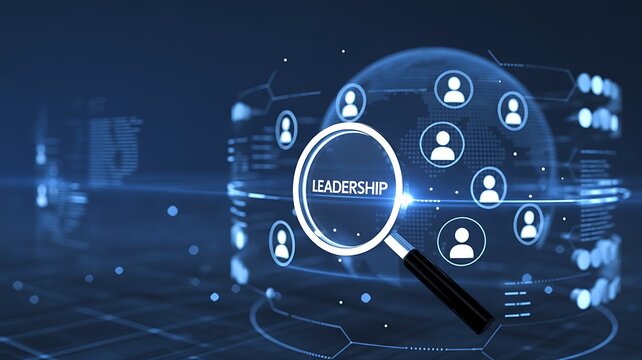 Magnifying glass on leadership concept with global network connections digital interface