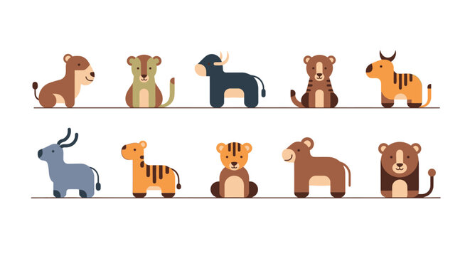 Various animals are sitting on two horizontal lines in an illustration