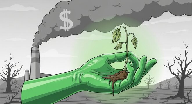 Hand Holding Plant Amid Pollution and Dollar Symbol in Background