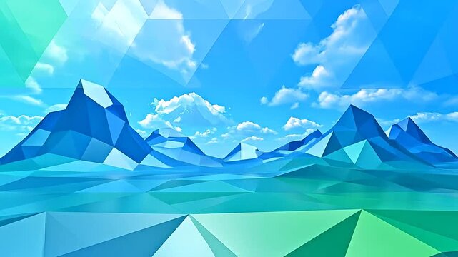 A digital landscape featuring low poly mountains under a bright blue sky