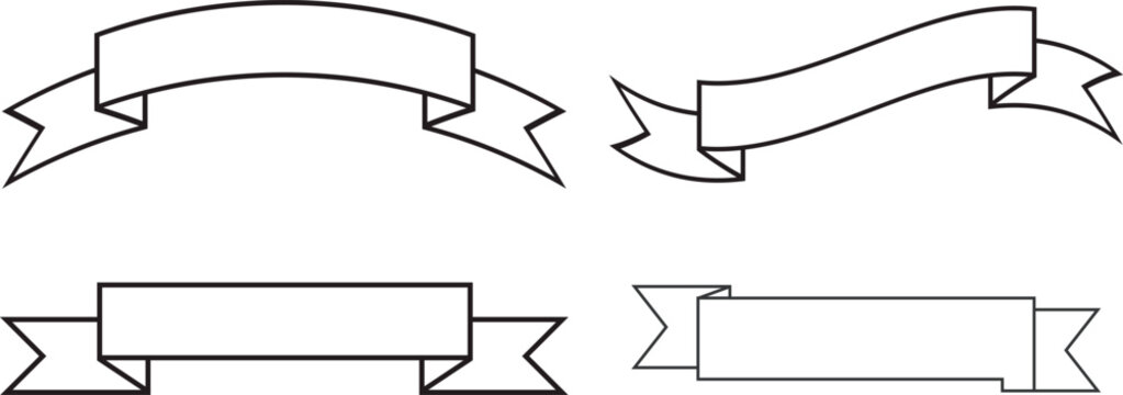 Minimalist ribbon banner vector set, black outline ribbon scrolls for titles, collection of 4 blank flag banners for graphic design and branding