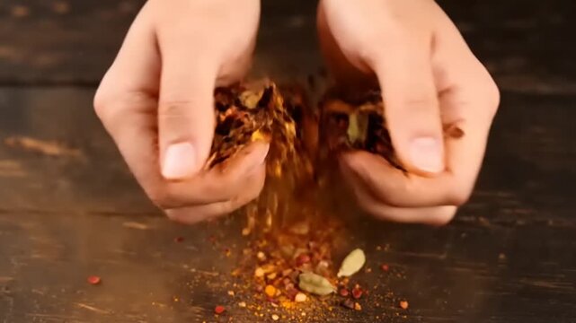 Hands crushing a mixture of spices and herbs on a wooden surface, releasing their aroma and vibrant colors