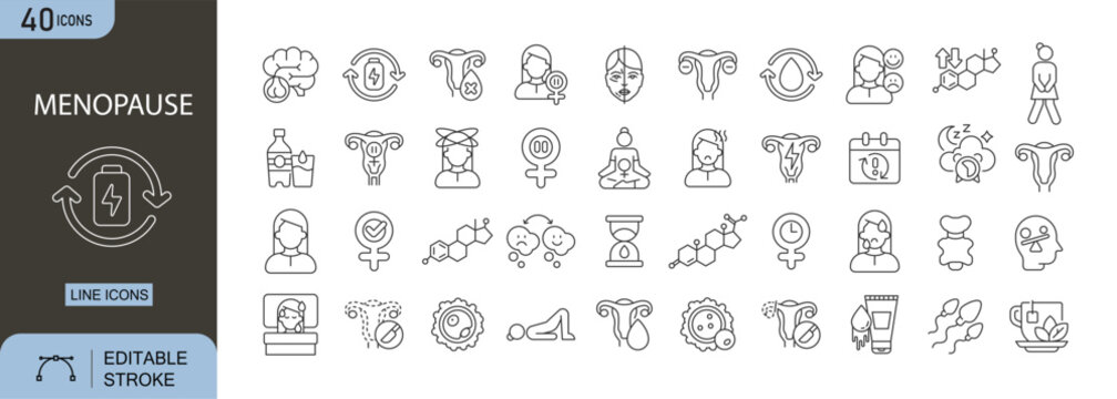 Menopause icons set representing women health, hormonal changes, aging, symptoms, wellness, care, support and medical awareness. Editable Stroke.