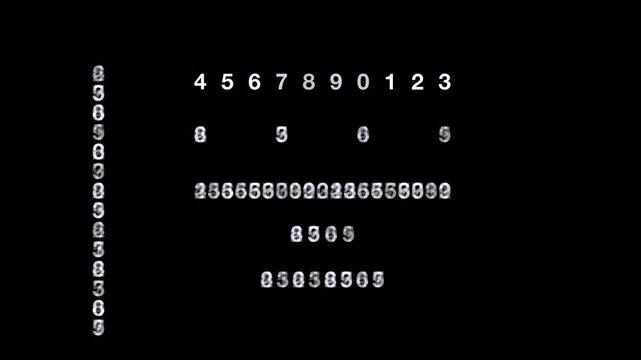 Fast-paced animation of white digital numbers scrolling and changing on a black background. Ideal for countdowns, data encryption, and high-speed processing.