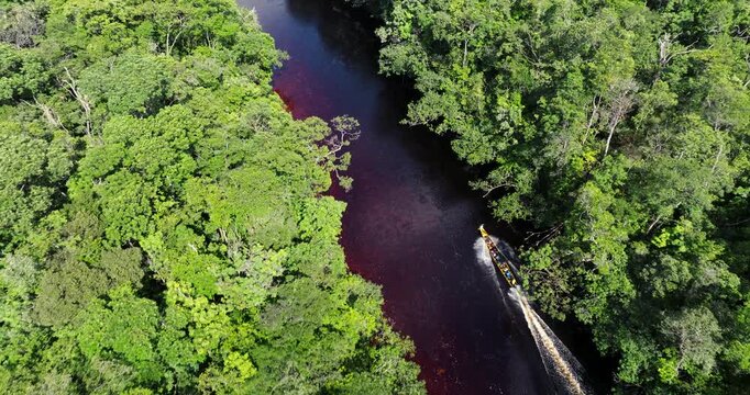 People On Motorboat Sailing Through Churun River In Canaima, Venezuela - Drone Shot