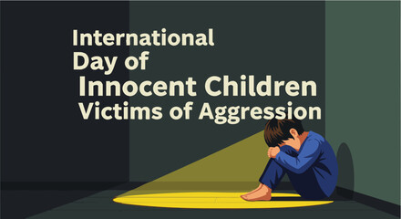 Naklejka premium Crying child sitting in dark corner somber dramatic mood yellow spotlight against dark green background vector graphic for International Day of Innocent Children Victims of Aggression campaign