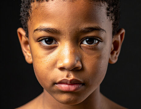 Retrato expresivo de un ni&ntilde;o con mirada directa y expresi&oacute;n seria sobre fondo negro, concepto de infancia vulnerable, valores humanos, igualdad y protecci&oacute;n de la infancia