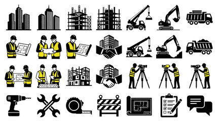 Construction and Engineering Icon Collection Featuring Architects, Heavy Equipment, Skyscrapers, and Building Tools © Tika