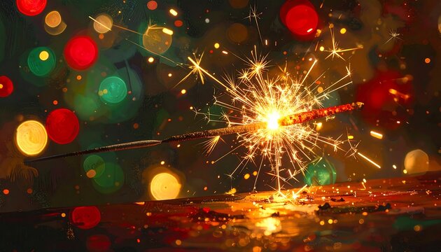 A vibrant sparkler amidst colorful festive lights