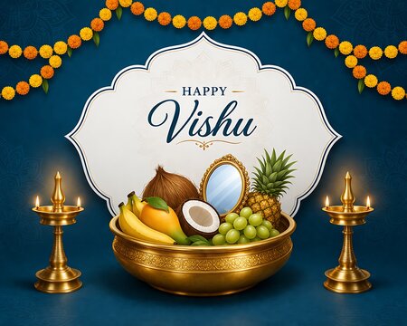 Happy Vishu greeting card design with traditional Kerala Vishukkani offering bowl, mirror, peacock feather, fruits, brass lamps, and marigold garland decorations