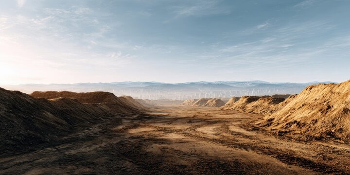 Expansive construction site with large dirt mounds and distant city skyline