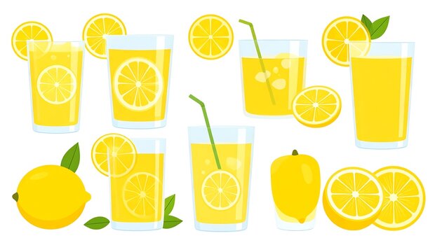 Collection of various lemonade and lemon-related items, including glasses, fruit slices, and whole lemons, on a white backdrop