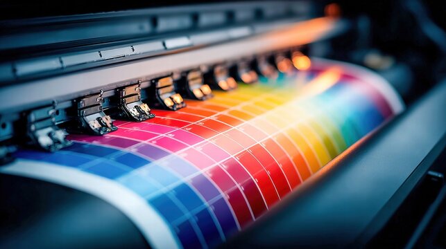 The printer is producing a colorful test pattern, capturing the full spectrum of colors.