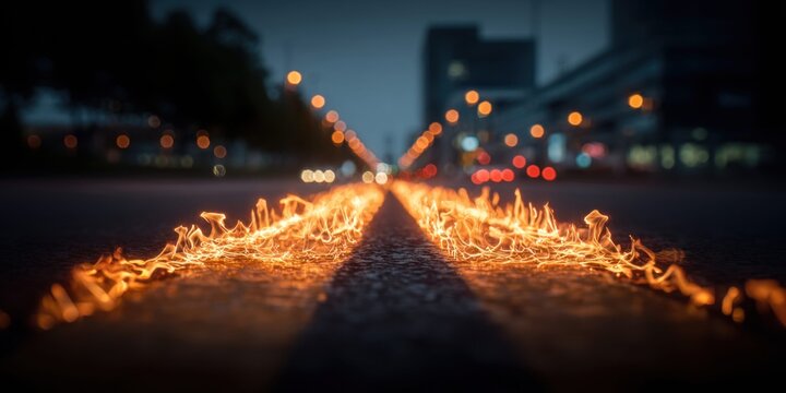 Fiery road ahead, asphalt burning with flames in the city at night