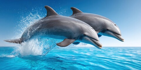 Fototapeta premium Two playful dolphins leaping joyfully from the ocean water in a synchronized splash