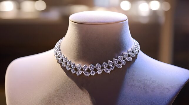 Diamond choker necklace glowing on a mannequin