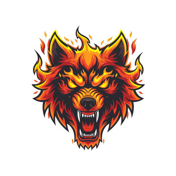 Fierce wolf head with flames burning fur and sharp teeth on white background