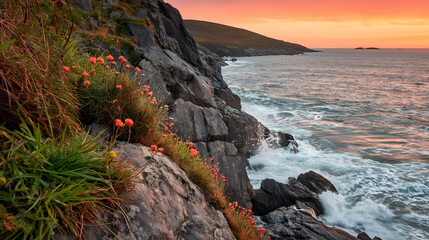Cliffside Wildflowers Above Ocean Waves at Sunset