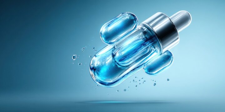 Futuristic glowing blue serum capsules floating in water droplets