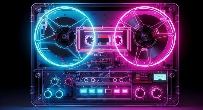 Retro Audio Neon Display: A vibrant, neon-lit illustration showcasing the inner workings of an old audio cassette tape player, illuminated by captivating neon hues.