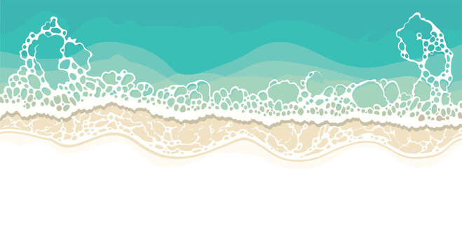 Detailed top down perspective of turquoise ocean waves crashing against a smooth sandy shoreline with intricate white foam patterns and clear water hues.