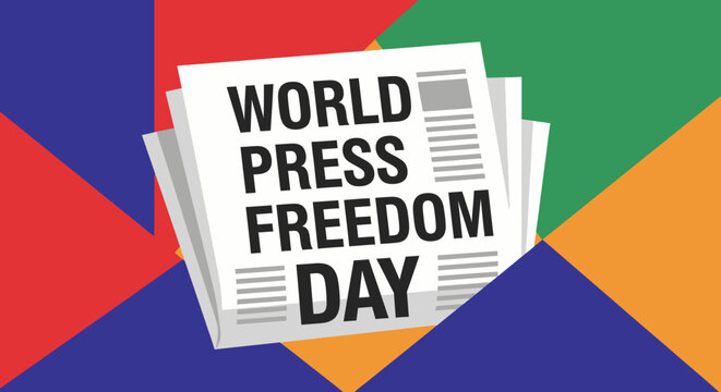 Colorful World Press Freedom Day illustration with a stack of newspapers and abstract geometric shapes in red, blue, yellow, and green on a bright studio background.