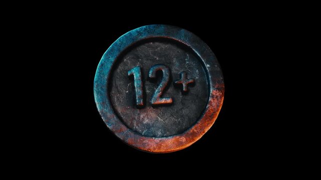 A 3D metallic 12+ age restriction badge flies into frame with a slow rotation. Features a transparent alpha channel background for easy compositing.