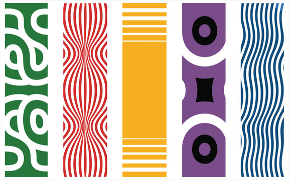 Five vertical decorative panels with geometric and organic patterns