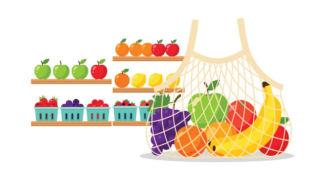 A reusable mesh bag overflowing with fresh apples and bananas rests on a clean surface beside wooden store shelves stocked with vibrant seasonal organic produce.