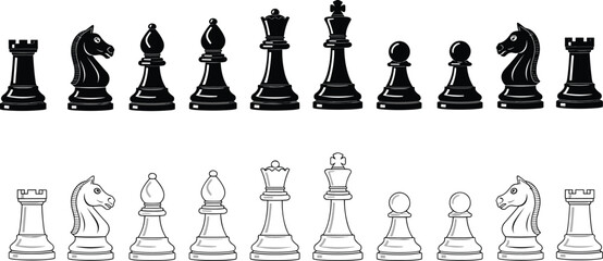 Detailed chess pieces silhouettes and glossy icons set, classic strategy board game elements, king queen rook knight bishop pawn vector © MDRAKIB