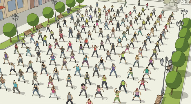 Isometric flash mob dancing in city square, large crowd of people performing synchronized dance, urban outdoor event vector illustration