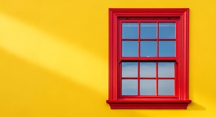 Obraz premium Red window on yellow wall architecture design modern building element background