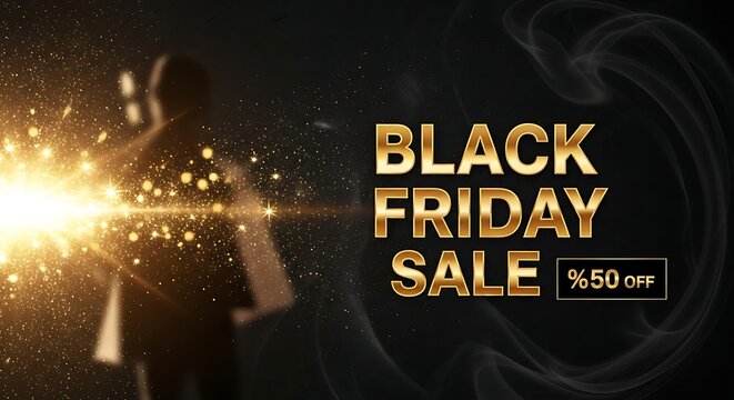 Black friday sale advertisement with golden text and sparkling background