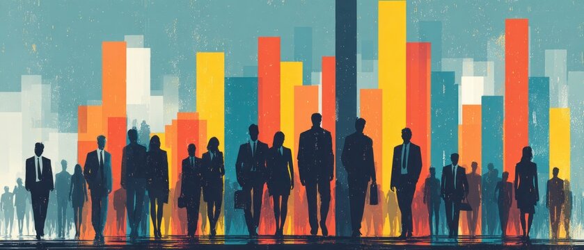 Silhouettes of diverse business professionals walking against abstract city financial graph background with dynamic lines and urban reflections representing global economic movement