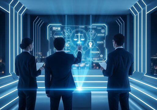Three people interacting with virtual law concept in a futuristic environment