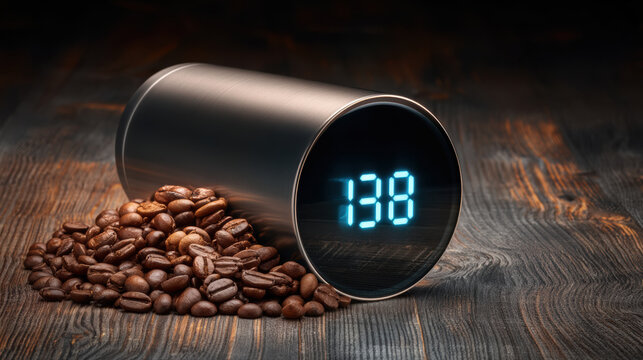 Coffee beans spill beside sleek digital timer blending food and technology in warm moody light