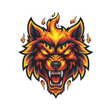 Fiery wolf head with flames illustration