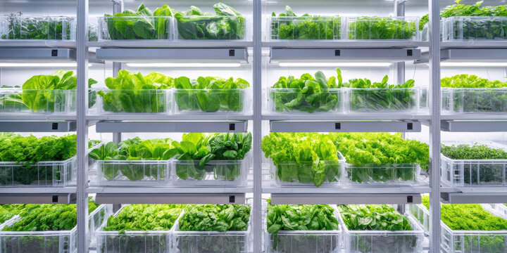 Modern vertical indoor farm with fresh food and smart technology growing greens