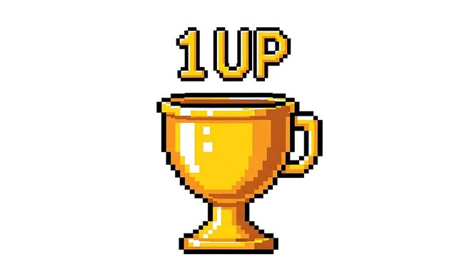 Pixelated golden trophy cup with 1 up text on white background