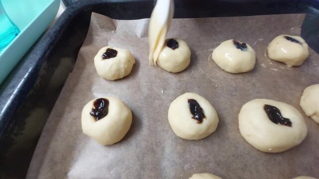 Pastry Brush Glazing Traditional Homemade Czech Buns with Egg Wash 