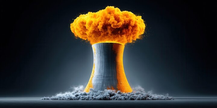 Nuclear power plant cooling tower erupting with fiery orange explosion and smoke