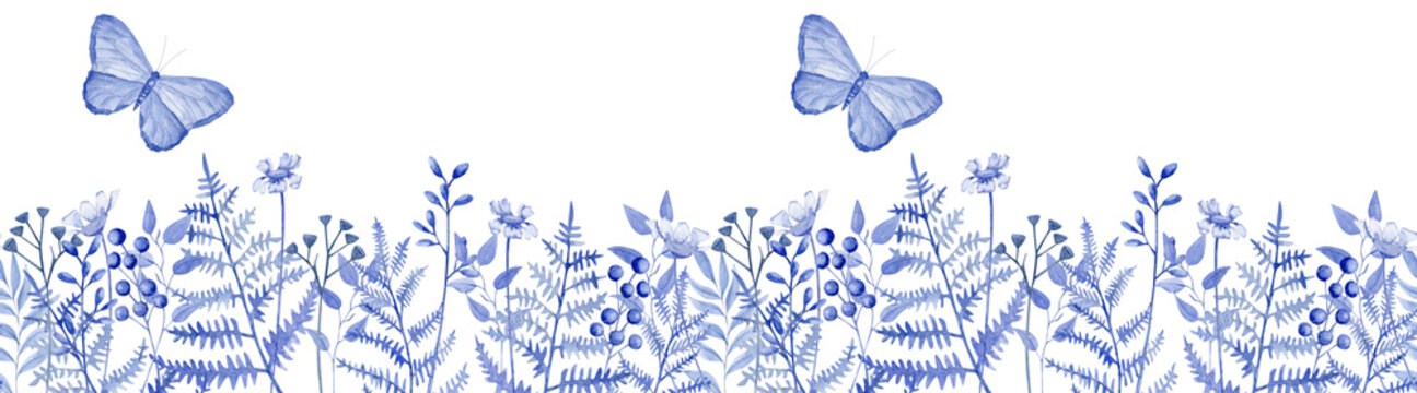 Watercolor seamless border blue dried flowers, different types of eucalyptus, fern branches and lunaria and butterfly.  Can be used on fabrics and paper products and other.	