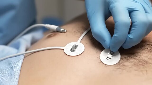 Medical professional attaches ECG electrode to patients chest for heart monitoring.